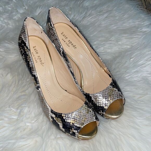 Kate Spade Leather Metallic Snakeskin Peep Toe Pumps - Picture 1 of 8